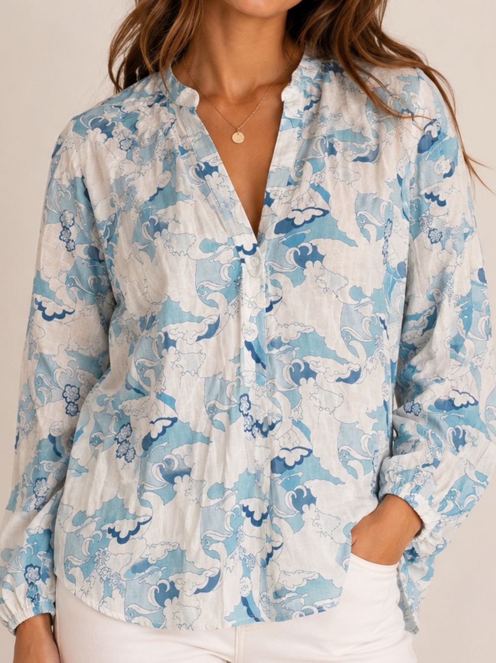 Charlotte Brody poet blouse cotton blue white cosmic sky print large